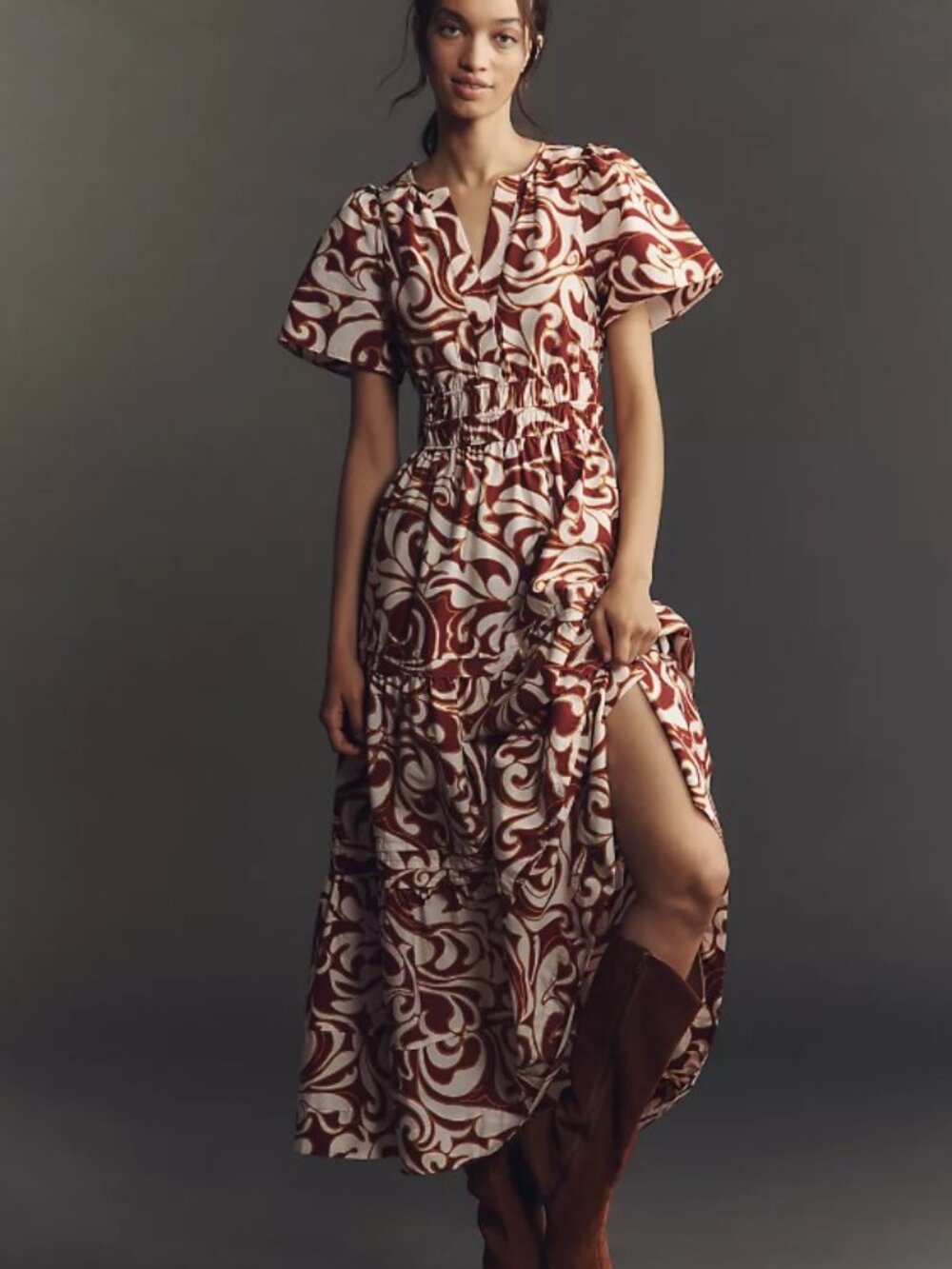 Anthropologie Somerset Maxi Dress Burgundy XXS Smocked Cotton Pocket Summer Boho